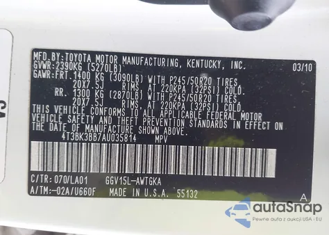 2010 Toyota Venza Base V6 z USA, uszkodzony, nr VIN 4T3BK3BB7AU035814